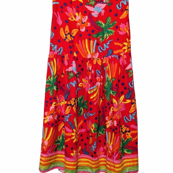 Maison d'Amelie Womens Size S Red Tropical Print Linen Rayon Pull On Midi Skirt - Picture 2 of 9